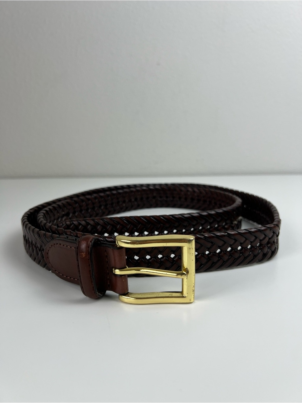 ALD Woven Braided Brown Leather Belt Gold Buckle‎ Preppy Equestrian 48 Old Money